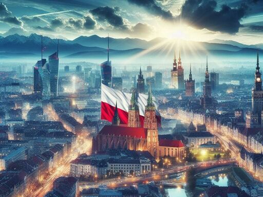 A panorama of a city of poland with a flag in the background