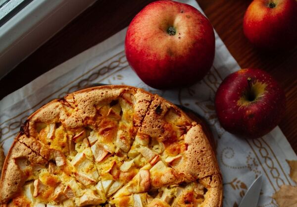 A typical apple cake in a kitchen